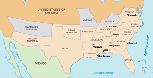 Map indicating the southern states that seceded from the Union
