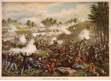 Print depicting the fighting between Union and Confederate troops at the First Battle of Bull Run (First Manassas)