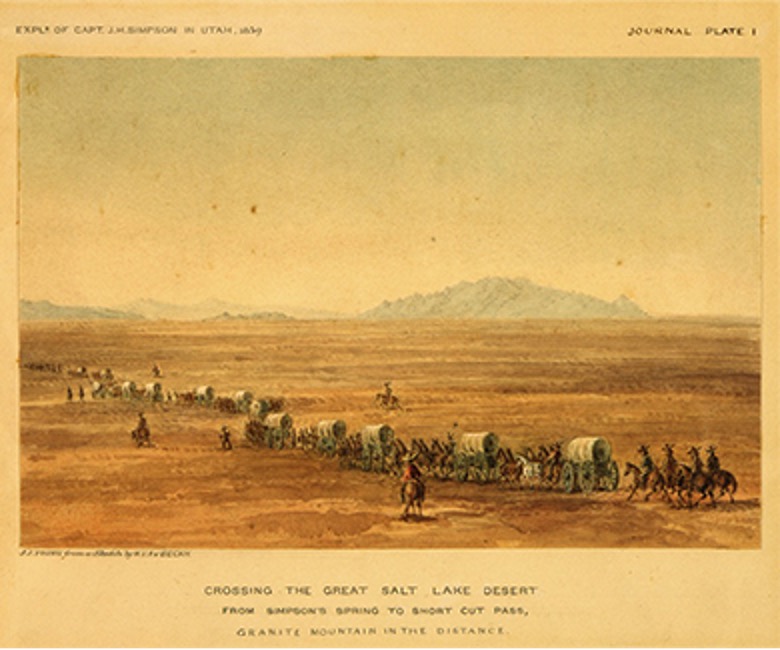 Print of wagon train heading west across the Great Salt Lake Desert. Conestoga wagons travel in a line across the image.