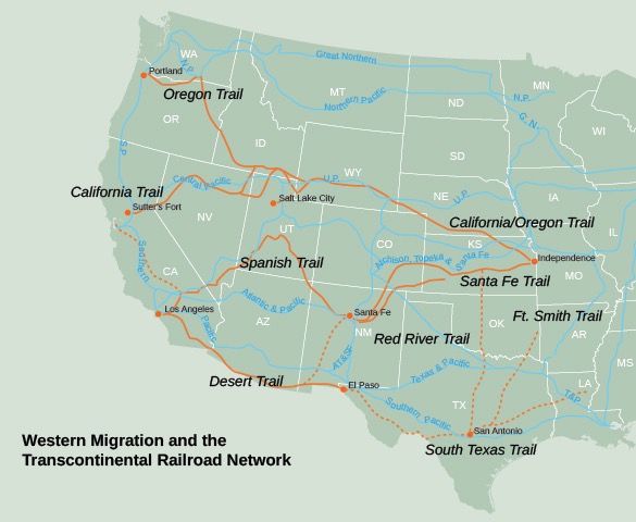 Map indicates the multiple trails used by western migrants as well as the railroad lines built in the west.