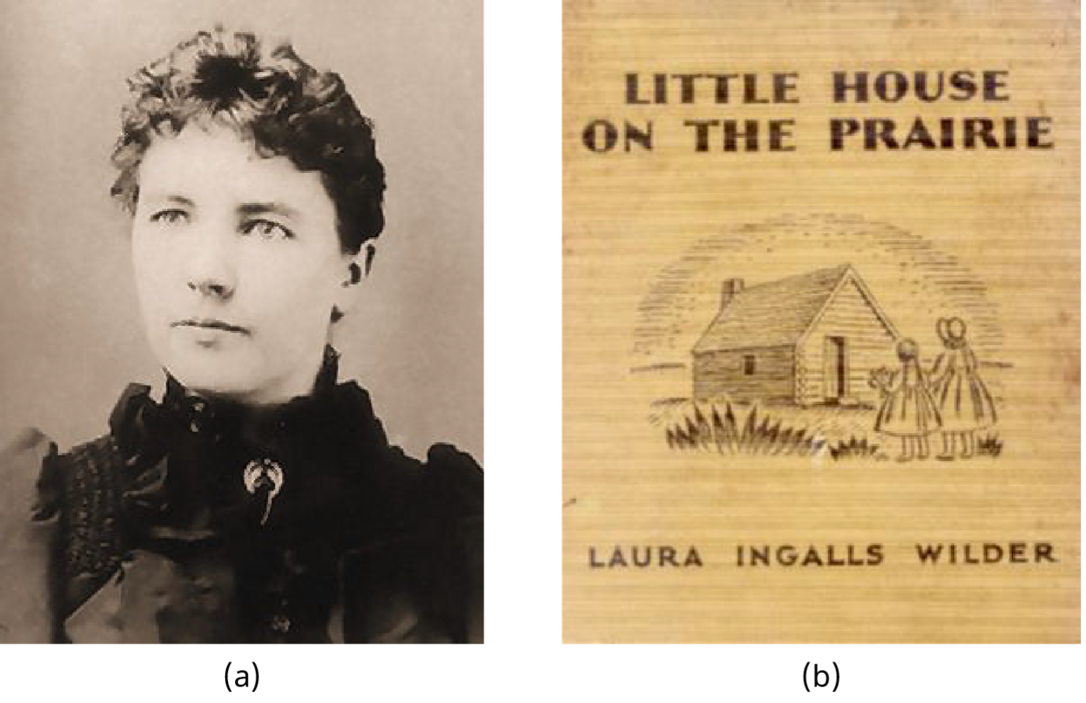Two images. (a) photograph of Laura Ingalls Wilder and (b) The frontispiece of her book "Little House in the Big Woods."