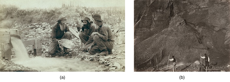 Two images. (a) two miners panning for gold in a stream (b) two men standing in front a hill.