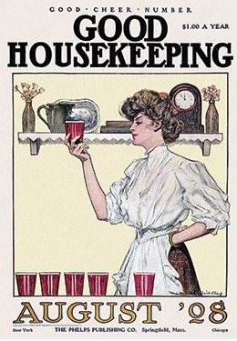 Front cover of the Good Housekeeping Magazine for August '28. Depicts a woman wearing an apron examining a cup while standing before a kitchen shelf with flowers, plates, and a clock on it.