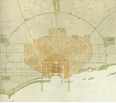 A blueprint of Chicago facing the lake