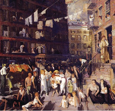 Painting of a busy street with women sitting on the stoop of an apartment building on the right. Children and adults play and socialize in the street. Families are on the balconies of the apartment on the left. A clothes line with items hanging to dry is strung between the two buildings.