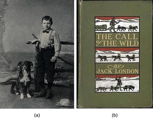 Two images. (a) a studio photograph of Jack London as a child standing next to his dog and (b) the front cover of his book the Call of the Wild.