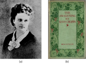 Two images. (a) Photograph of Kate Chopin and (b) the front cover of her novel, "The Awakening."