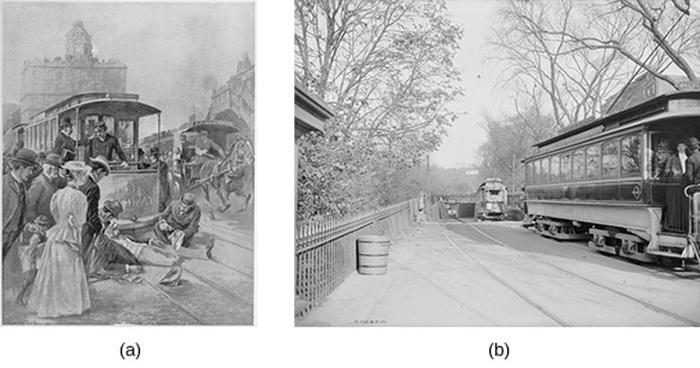 Two images portraying challenges of city living. (a) is a photograph of a trolley accident and (b) photograph of trolley's entering the entrance to the Boston subway.