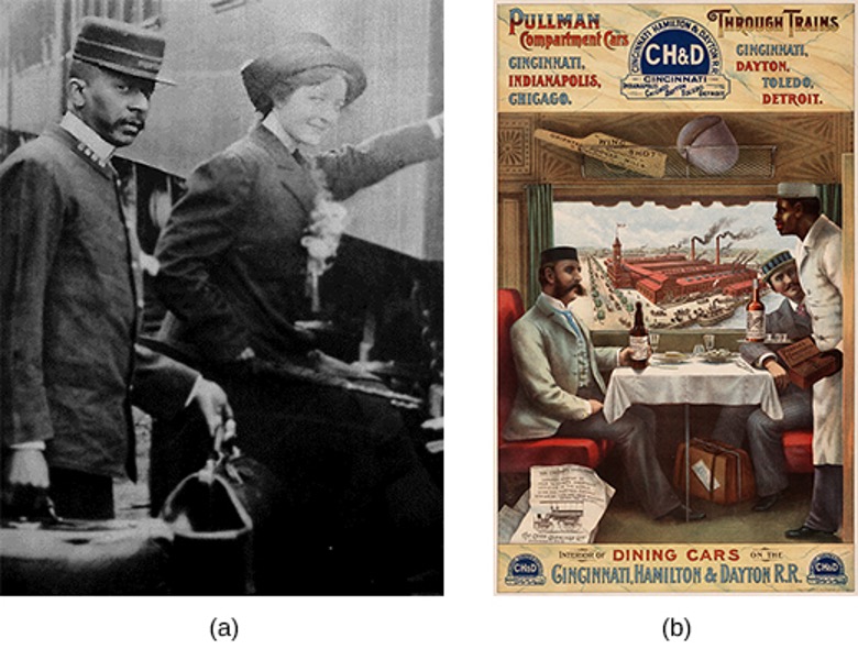 Two images. (a) a photograph of a black conductor carrying bags for a white female passenger and (b) an advertisement for the Pullman dining cars.