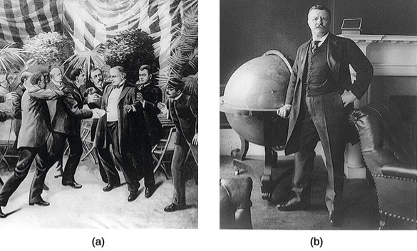 Two images. (a) a print depicting the anarchist shooting President McKinley while men try to hold him and (b) Teddy Roosevelt standing in front of a fireplace with a large globe to his right.