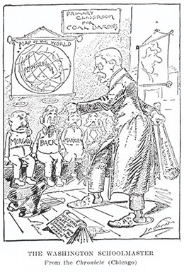 Political cartoon depicting as the schoolmaster. He is holding a stick labeled "Federal Authority" as he lectures a row of men sitting on their bench. The men each have their names on the shirts. Morgan and Bear are easily identified.