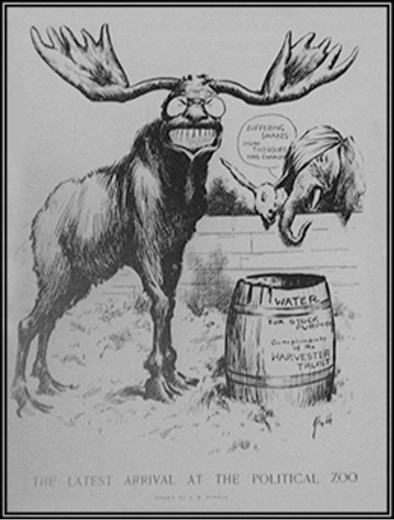 Political cartoon depicting Roosevelt as a "bull moose" standing next to a barrel with the policies of the Progressive Party listed upon it. Standing behind a wall are a donkey and wounded elephant depicting the Democrat and Republican party. At the bottom is the caption "The Latest Arrival at the Political Zoo."