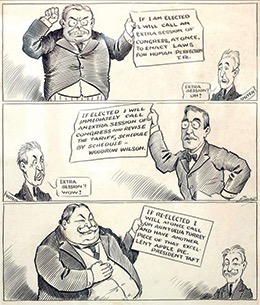 Political cartoon depicting each candidate sharing their campaign promises. Roosevelt is at top, Wilson in the middle, and Taft at the bottom.