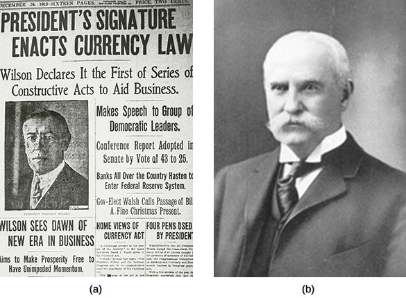Two images. (a) a newspaper front page reporting on Wilson's policies to aid business and (b) a photograph of Senator Nelson Aldrich