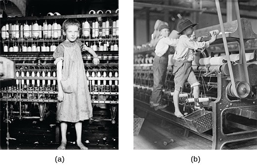 Two photographs. (a) A young girl standing in front of her spinning machine (b) two young barefoot boys standing on the lower part of their spinning machines to reach spindles.