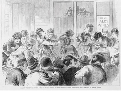 Print of women praying in front of a saloon while men look on (perhaps hoping to get into the saloon)