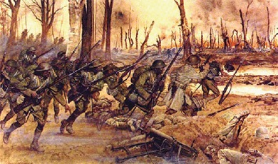 An impressionistic painting depicts soldiers in World War I, likely during the Meuse-Argonne offensive. In the foreground, a group of soldiers in olive green uniforms and helmets run forward, their rifles held at the ready. They appear to be moving through a muddy, cratered landscape with broken tree trunks and scorched earth. In the background, more soldiers can be seen advancing, and the sky is a hazy mix of yellow and orange, suggesting smoke or explosions. The overall scene conveys a sense of intense combat and desolation.