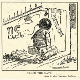 A political cartoon titled "CLOSE THE GATE" depicts a small, dark, bomb-like figure with a lit fuse attempting to push open a large, imposing gate labeled "IMMIGRATION RESTRICTIONS." The bomb figure carries two suitcases, one labeled "U.S." and the other "UNDESIRABLE." The gate is part of a stone wall, suggesting a border or barrier. The overall imagery suggests a warning against undesirable immigration, often associated with the First Red Scare era's anti-immigrant sentiment. The artist is Orr in the Chicago Tribune.