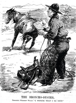 Political cartoon depicts Wilson as cowboy who does not know how to harness his horse who is labeled as "Mexico" and is running away.