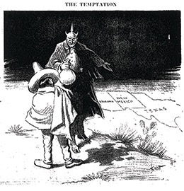 Political cartoon that depicts the Germany as the devil who is holding a bag of gold and pointing to the states Texas, New Mexico and Arizona in hopes of tempting man wearing a sombrero and Mexican attire.