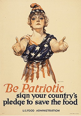 Colored propaganda poster. "Columbia" with outstretched hands pleads with the viewer to "Be Patriotic / Sign your country's/ pledge to save the food."