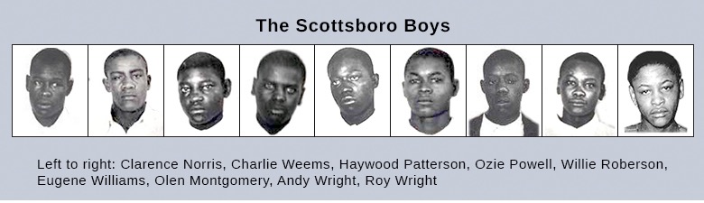 A grid of nine black and white headshots of young men, identified as "The Scottsboro Boys." From left to right, the names below the images are: Clarence Norris, Charlie Weems, Haywood Patterson, Ozie Powell, Willie Roberson, Eugene Williams, Olen Montgomery, Andy Wright, and Roy Wright. All the individuals appear to be young men, and their expressions range from solemn to neutral. Their appearance suggests they are of African American descent.