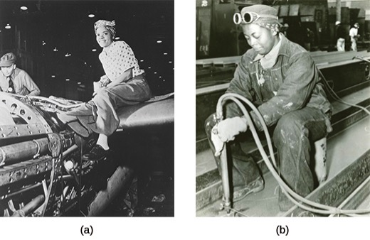 A two-part black and white image showing women working in an industrial setting, representative of "Rosie the Riveter." (a) shows a Black woman sitting on an airplane wing with a riveter, smiling. (b) shows a black woman in goggles and work clothes using a riveter on a metal beam.