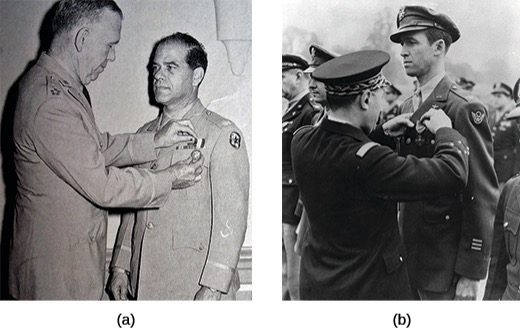 A two-part black and white image showing military figures receiving awards. (a) shows George Marshall pinning a medal on Frank Capra. (b) shows a Jimmy Stewart in a military uniform receiving a French Croix de Guerre l from French man in military uniform.