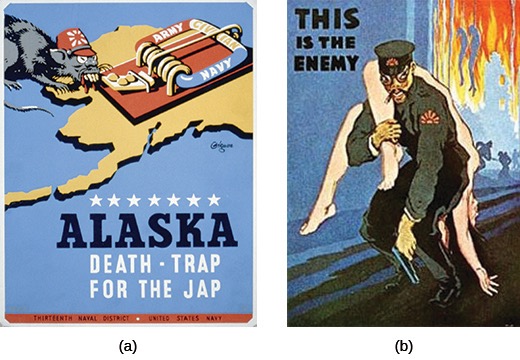 A two-part image showing World War II propaganda posters. (a) shows a cartoon rat with a Japanese flag on its head, caught in a large mousetrap shaped like Alaska and labeled with "ARMY" and "NAVY." Text below reads "ALASKA DEATH TRAP FOR THE JAP." (b) shows a caricature of a person of Japanese descent in military uniform carrying a woman over their shoulder, with flames and fleeing figures in the background. Text above reads "THIS IS THE ENEMY." These posters contain offensive and racist caricatures.