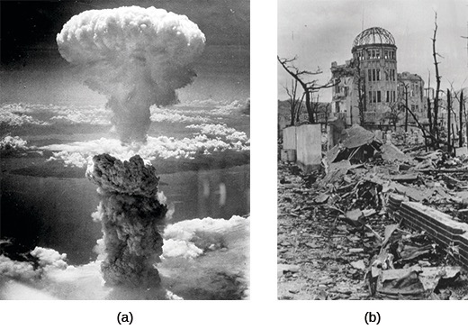 A two-part black and white image related to the atomic bombings in Japan. (a) shows a large mushroom cloud rising into the sky. (b) shows the skeletal remains of a building and surrounding rubble in a devastated urban landscape, likely the result of the atomic bomb.