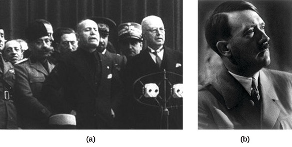 A two-part image. (a) shows Benito Mussolini speaking at a microphone with other men nearby. (b) shows a portrait of Adolf Hitler.