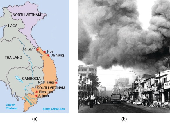 A two-part image related to the Vietnam War. (a) is a map of Southeast Asia showing North Vietnam, South Vietnam, Laos, Thailand, and Cambodia. Several cities and the Gulf of Tonkin are labeled, with red stars marking locations in South Vietnam including Da Nang, Hue, Khe Sanh, Bien Hoa, and Saigon. A red line indicates the Ho Chi Minh Trail. (b) is a black and white photo showing a street scene with buildings and significant smoke billowing into the sky, suggesting conflict or destruction.