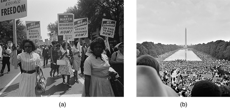 A two-part black and white image of the March on Washington. (a) shows a group of people, appearing to be Black, marching and holding signs that read "WE DEMAND EQUAL RIGHTS NOW!", "WE MARCH FOR INTEGRATED SCHOOLS NOW!", "WE DEMAND DECENT HOUSING NOW!", and "AN END TO BIAS NOW!". (b) is a wide shot showing a very large crowd of people gathered on the National Mall facing the Lincoln Memorial, with the Washington Monument visible in the distance.