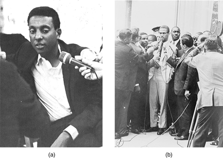 A two-part black and white image of civil rights activists. (a) is a close-up photo of Stokely Carmichael speaking into a microphone. (b) shows Malcolm X, speaking into several microphones held by reporters. He is surrounded by several men.