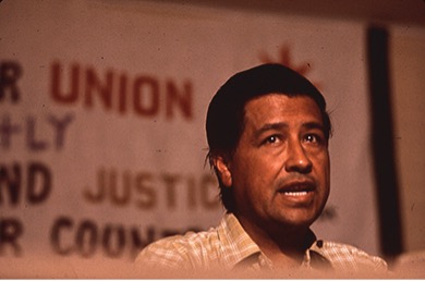 A color photo of Cesar Chavez speaking. He is a man with dark hair and is wearing a plaid shirt. He is looking slightly upwards and to the right. A banner with red text is blurred in the background, with some visible letters spelling "UNION".