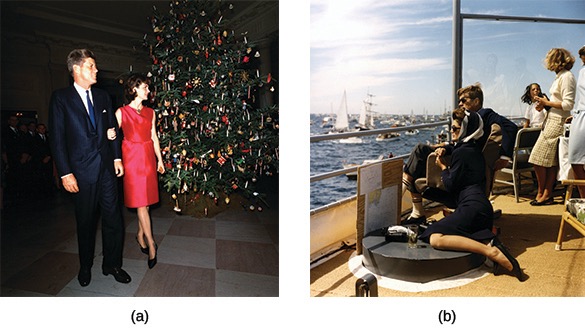 A two-part color image of John F. Kennedy and Jacqueline Kennedy. (a) shows them standing near a decorated Christmas tree. (b) shows them seated on a boat with other people in the background.