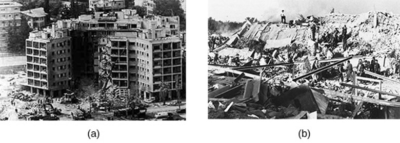 Two black and white photos (a) The U.S. Embassy in Beirut with significant damage, including a collapsed section and debris. Several people are visible in the foreground, and a vehicle is overturned.  (b) The collapsed ruins of the U.S. Marine barracks at the Beirut airport.