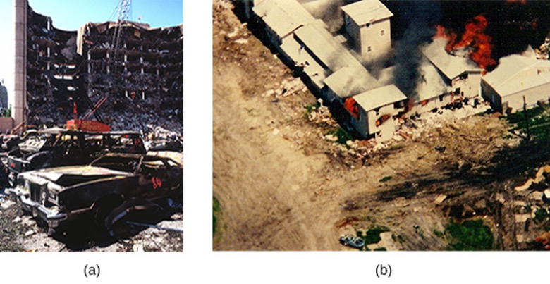 Two images side-by-side. Image (a) shows the severely damaged and partially collapsed Alfred P. Murrah Federal Building with debris and damaged cars in the foreground. Image (b) is an aerial view of the Branch Davidian compound fire with several buildings engulfed in flames and smoke.