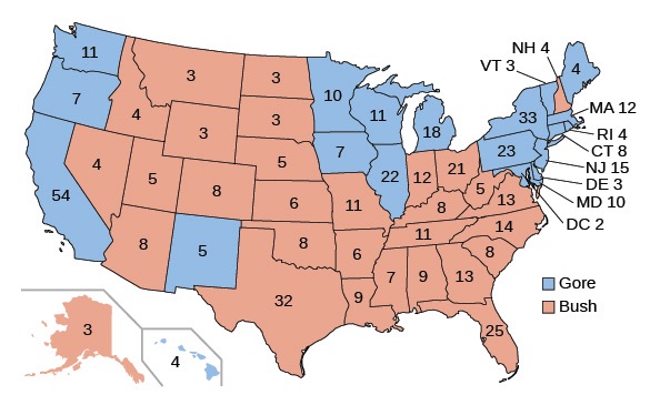 Electoral college map of the United States from the 2000 presidential election, showing states colored blue for Gore and reddish-brown for Bush, with the number of electoral votes in each state. Alaska and Hawaii are shown in insets.