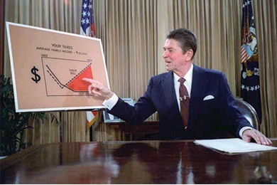 A color photo of Ronald Reagan seated at his desk in the Oval office, pointing to a colored chart with a graph and the title "Your Taxes"