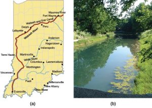 Map of the Wabash and Erie Canal route through Indiana and a contemporary photo of the Canal at Delphi, Indiana