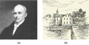 Portrait of Sam Slater next to a drawing of his mill.