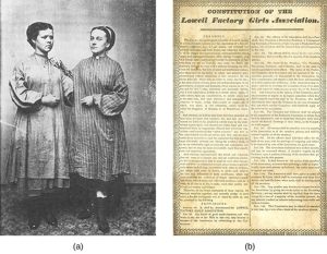 Tintype of female mill workers and the constitution of the Lowell Factory Girls Association