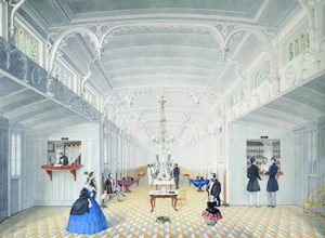 Image shows a large passage with upper class men and women mingling.