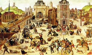 Depiction of the violence that took place between Catholics and Protestants on the streets of Paris during the St. Bartholomew's Day Massacre.