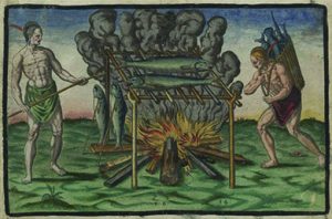 A 1588 image created by an Englishman named Thomas Hariot that depicts Native Americans broiling many fish over a bonfire.
