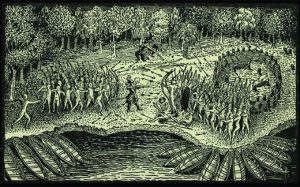 The image depicts the explorer Samuel de Champlain fighting on the side of the Huron and Algonquins against the Iroquois. Champlain is at the center of the image firing a gun while Native Americans fire bows and arrows.