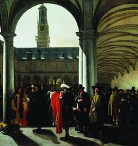 The image depicts merchants meeting in an outdoor square in Amsterdam in 1653 discussing news and business.