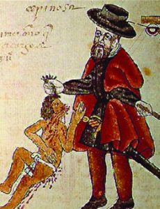 Image created by a native Mesoamerican depicting a well-dressed Spaniard pulling the hair of a bleeding native.
