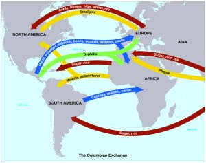 The map shows the Americas on the left and Afro-Eurasia on the right. Labelled arrows show common crops, animals, and diseases that crossed the Atlantic in what historians have called the "Columbian Exchange."